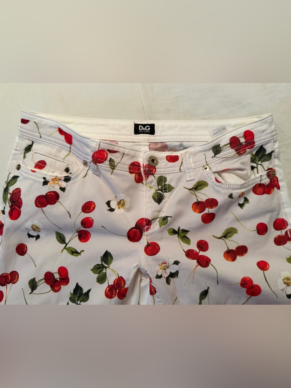 D&G White Jeans with Red Cherry Graphic